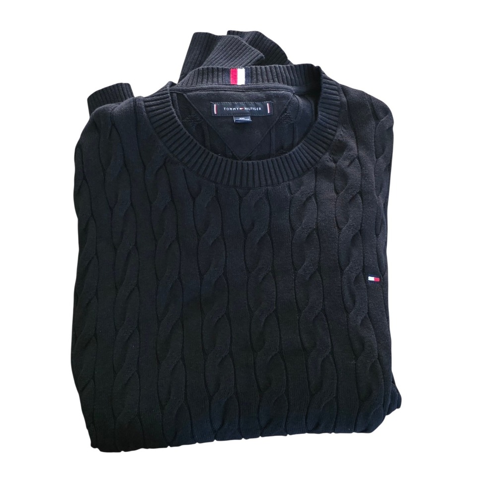 Tommy Hilfiger Mens XXL Black Cable Knit Cotton Crew Neck Sweater - Picture 2 of 5